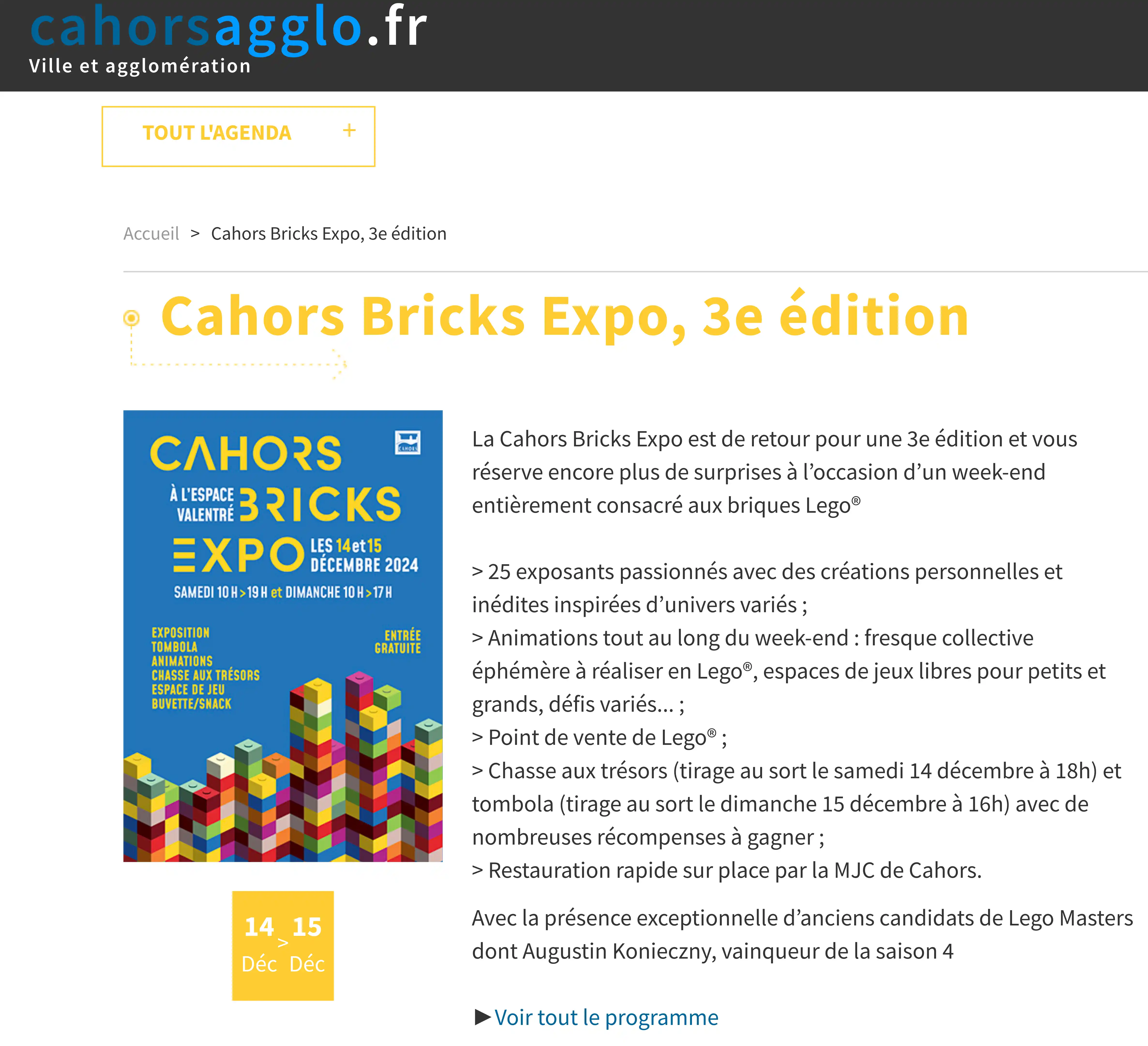 Annonce de la Cahors Bricks Expo 2024 sur le site de la Mairie de Cahors