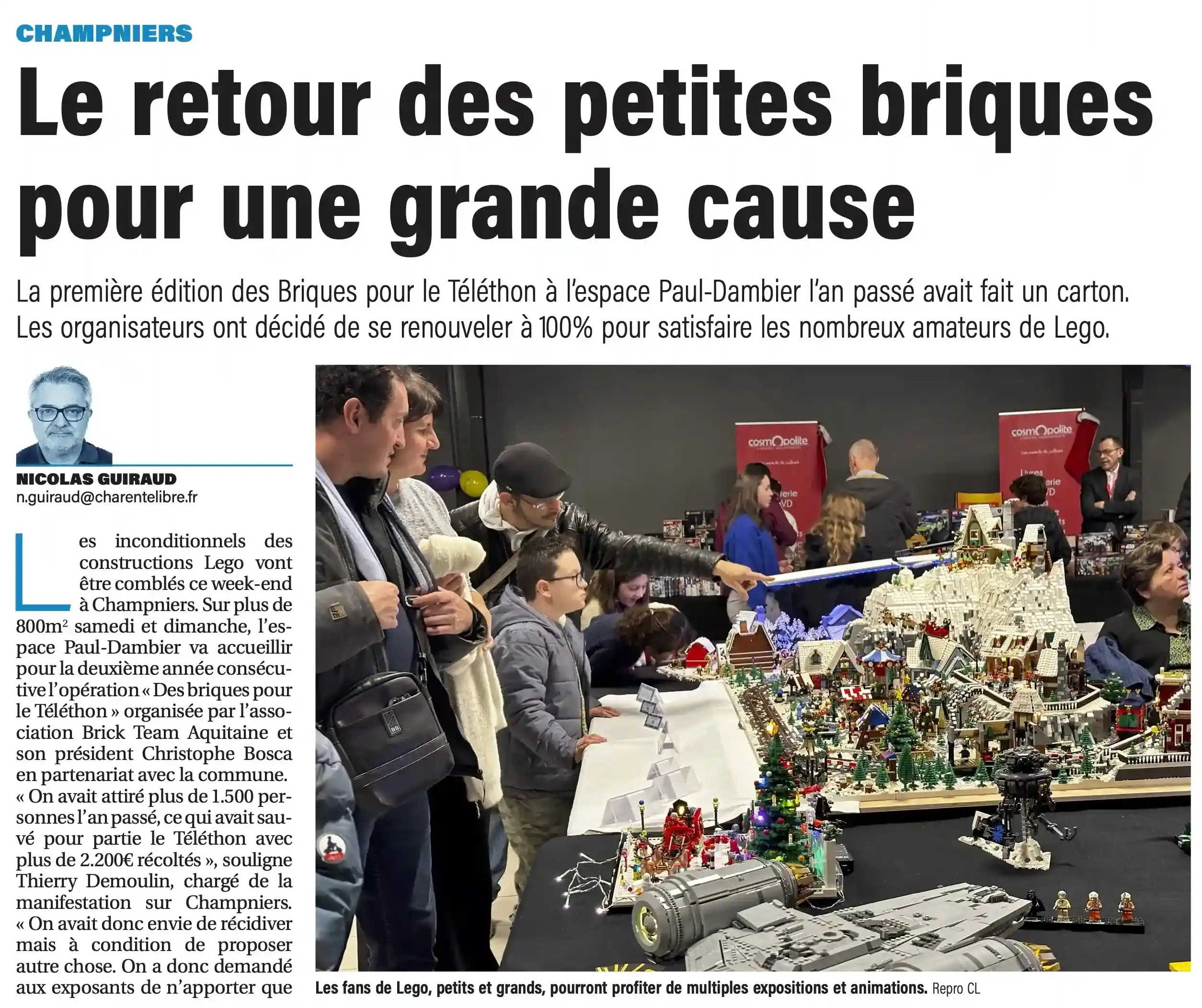 Article du quotidien départemental Charente Libre sur l'exposition LEGO de Champniers en 2024 avec le Brick Winter Burrow en couverture