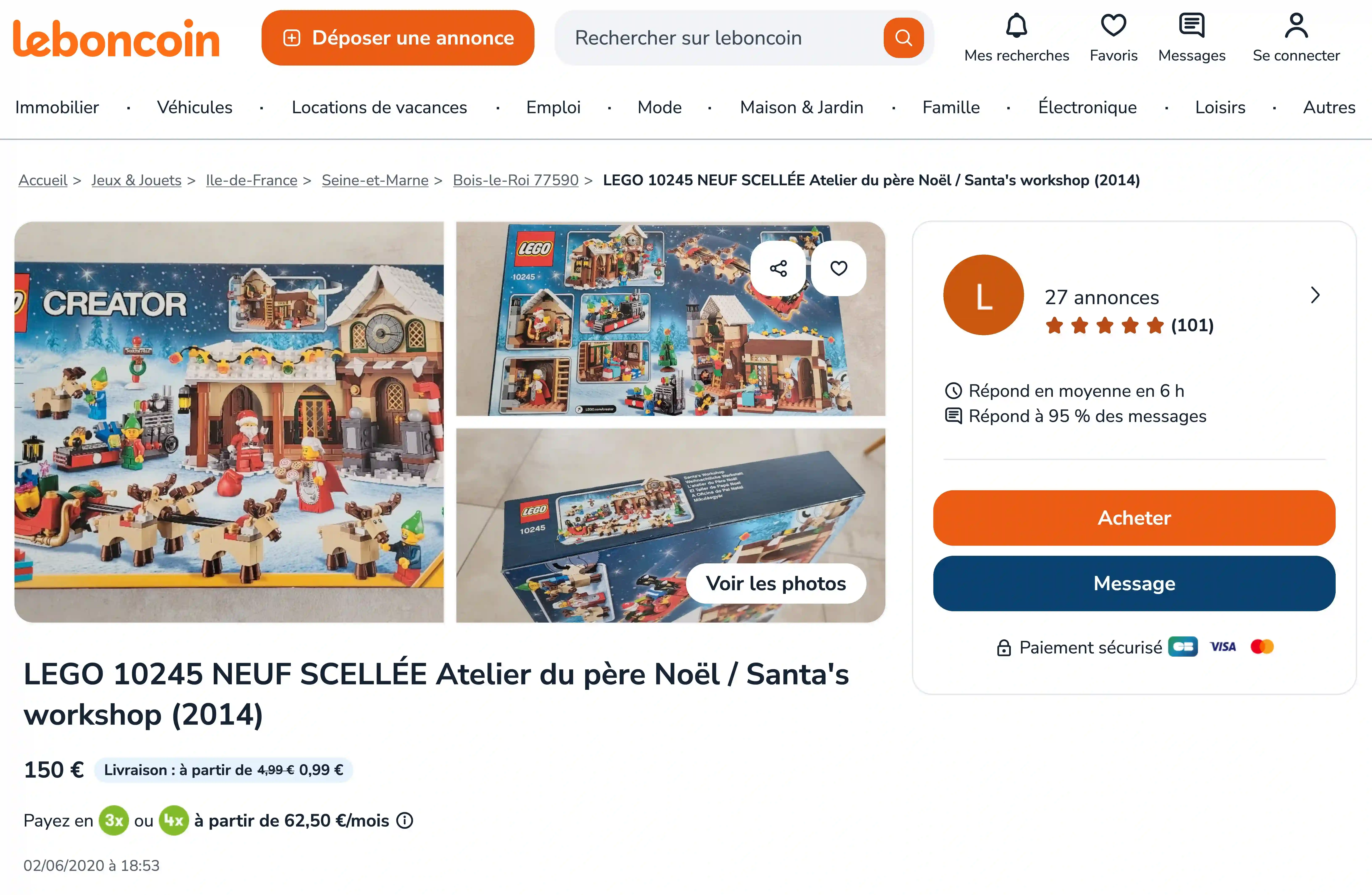 Exemple d'annonce leboncoin pour le "Santa's Workshop" (Set 10245)